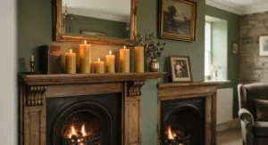 Warm glow from traditional golden beeswax pillar candles arranged on a classic fireplace mantle.