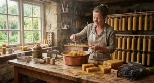 The traditional crafting process of making sustainable British beeswax pillar candles in a UK workshop.