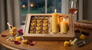 Romantic Valentine day setup with heart shaped wax melts and glowing beeswax pillar candles