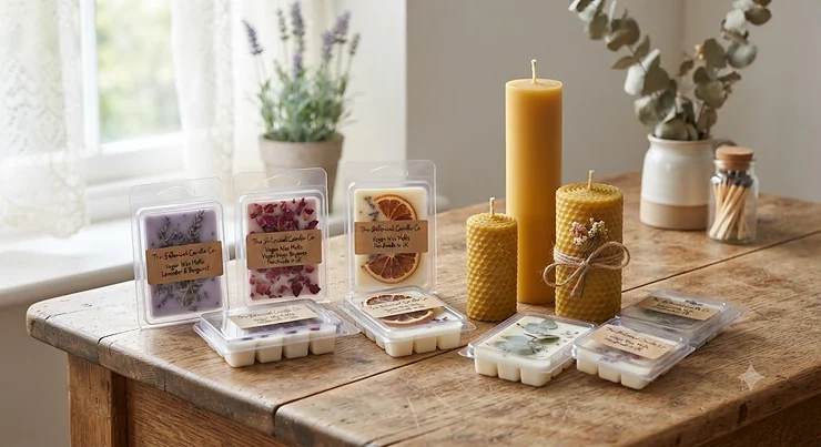A collection of eco-friendly vegan wax melt clamshells and natural beeswax pillar candles displayed on a rustic wooden table.