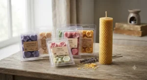 Clear plastic wax melt clamshells filled with richly scented artisan melts next to a beeswax pillar candle.