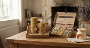 Complete home fragrance gift set featuring wax melt pods and matching beeswax pillar candles