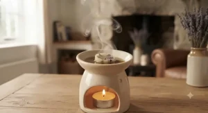 Close-up of scented wax melt pods melting smoothly inside a ceramic oil and wax burner