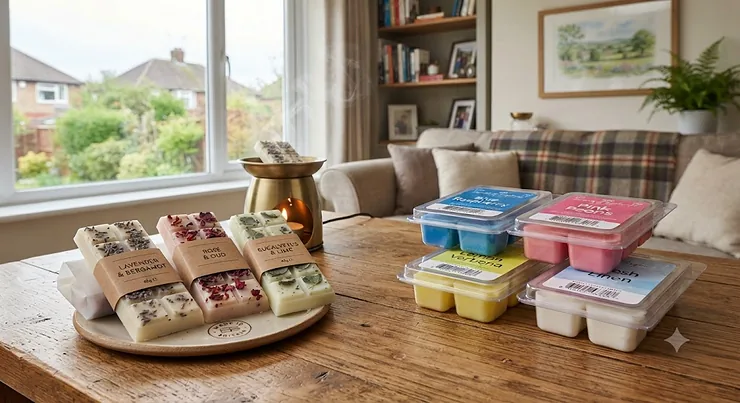 A side-by-side comparison of artisan wax melt snap bars and plastic clamshell packages on a wooden table in a British living room.