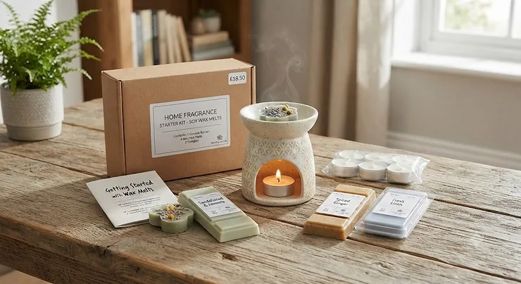 An affordable wax melt starter kit displayed on a rustic wooden table, featuring a ceramic burner and various soy wax melts. wax melt starter kits