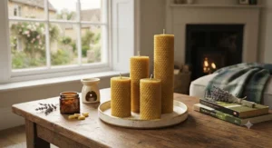 Artisanal honeycomb textured beeswax pillar candles styled on a coffee table for atmospheric home fragrance.