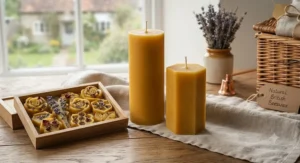Natural British beeswax pillar candles styled alongside botanical wax melt shapes suitable for handmade gift hampers.