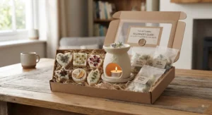 Artisanal wax melt gift set for beginners showcasing traditional hand-poured botanical wax shapes.