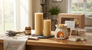 A luxury home fragrance bundle showcasing beeswax pillar candles alongside a modern wax melt starter kit.