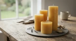 Hand-poured natural beeswax pillar candles on a rustic wooden table setting
