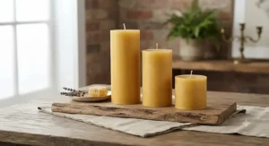 A set of hand-poured, natural beeswax pillar candles on a rustic wooden surface, perfect for home decor.