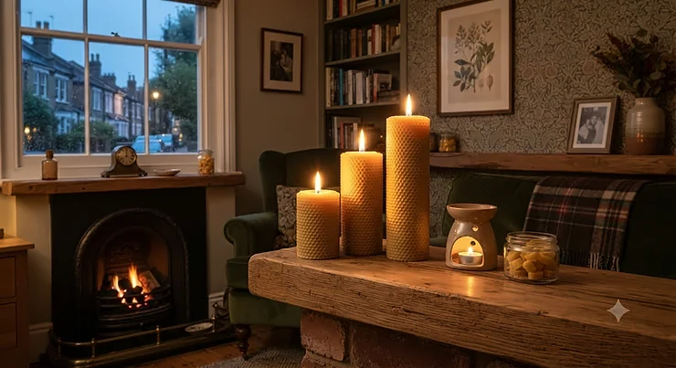 Natural beeswax pillar candles glowing in a cosy British living room, providing a long-lasting and strong fragrance throw. wax melts for strong scent throw