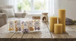 A selection of fragrant wax melt sample packs next to hand-poured beeswax pillar candles for home fragrance.