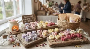 A colorful assortment of scented floral wax melts displayed on rustic wooden boards for under £10.