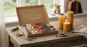 An inviting display of our best-selling wax melt sample pack and beeswax pillar candles