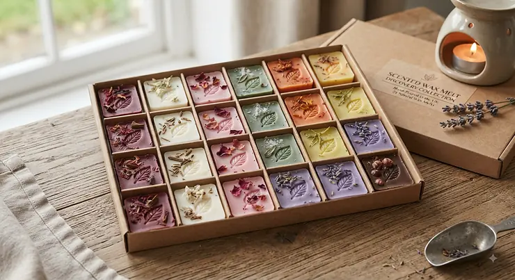A selection of assorted scented wax melt samples in a variety of floral and spice fragrances buy wax melt sample pack