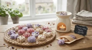 A selection of botanical floral wax melts sitting next to a tealight warmer, priced under £10.
