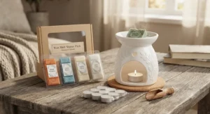A complete wax melt starter pack with a white ceramic burner, tea lights, and assorted scented wax snap bars.