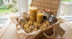 Eco-friendly natural beeswax pillar candles and decorative wax melt shapes displayed together as a sustainable gift set.
