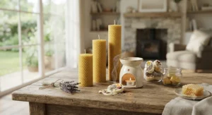 Eco-friendly beeswax pillar candles and botanical wax melts arranged together for maximum aroma diffusion.