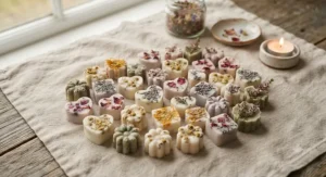 An eco-friendly collection of floral wax melts displayed on neutral linen fabric