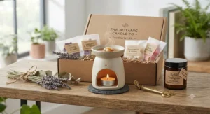 An eco-friendly wax melt starter kit with a minimalist warmer, highlighting sustainable soy wax melts.
