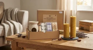 An eco-friendly home fragrance bundle featuring a wax melt starter kit alongside hand-poured beeswax pillar candles.