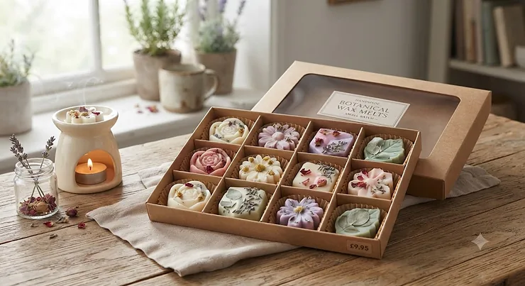 Handmade floral wax melts arranged neatly in a gift box, available for under £10 in the UK.