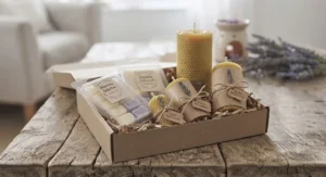 Gift set featuring a mix of wax melt sample packs and classic beeswax pillar candles wrapped in brown paper.