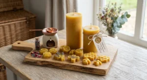 Hand-poured British beeswax pillar candles and intricate wax melt shapes arranged on a wooden board for home fragrance gifting.