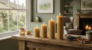 Hand-poured British beeswax pillar candles displayed on a wooden mantelpiece for superior scent throw.
