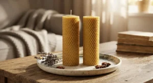 Two tall, textured beeswax pillar candles arranged neatly on a ceramic plate for cosy living room decor.