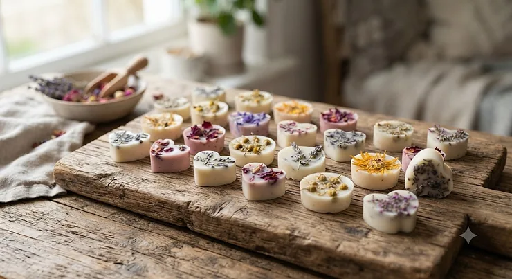 Handmade floral wax melts infused with dried botanicals resting on a rustic wooden board
