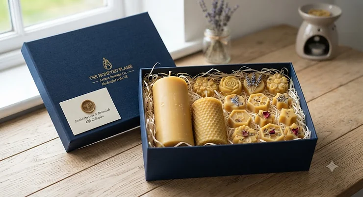 Handcrafted beeswax pillar candles and assorted wax melt shapes arranged neatly in a luxury gift box for UK shoppers. wax melt shapes for gift sets