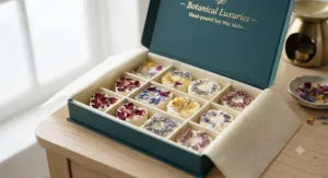 Luxury soy wax melts decorated with colourful dried flower petals in a gift box