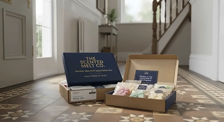A luxury wax melt subscription box delivered to a British home.