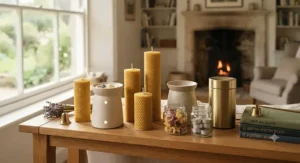 A collection of handmade beeswax pillar candles and electric wax warmers designed for powerful scent throw.