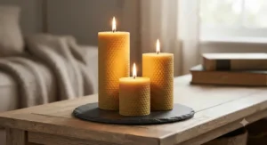Handcrafted natural beeswax pillar candles glowing softly, showcasing their warm honey hue and clean burn.