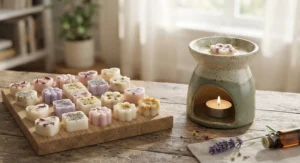 Natural floral scented wax melts arranged neatly beside a lit ceramic wax burner