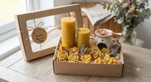Premium beeswax pillar candles and botanical wax melt shapes bundled together for eco-conscious home fragrance gifting in the UK.