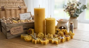 Pure beeswax pillar candles accompanied by artisanal scented wax melt shapes, ideal for birthday presents and Christmas gifts.