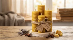 A collection of pure beeswax pillar candles tied with natural twine, presented as a thoughtful eco-friendly gift.