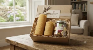 A luxury gift set of pure beeswax pillar candles and highly scented wax melts packaged sustainably in the UK.