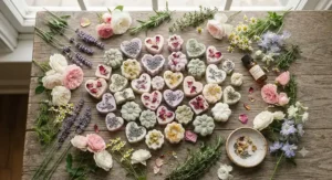Flat lay composition of scented floral wax melts surrounded by fresh garden flowers