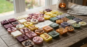 Close up of colourful wax melt samples laid out for customers to choose their favourite scent