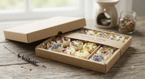 Spring floral wax melts gift set packaged in a recyclable kraft paper box