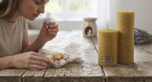 A person unboxing wax melt sample packs to test aromas before committing to full size beeswax pillar candles.