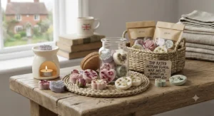 Top-rated artisan floral wax melts releasing a fresh botanical fragrance in a cosy British living room.