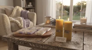 A cosy living room setting styled with wax melt sample packs and warm-glowing beeswax pillar candles.