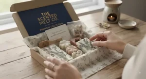 Close-up of a customer unboxing a premium wax melt subscription package.